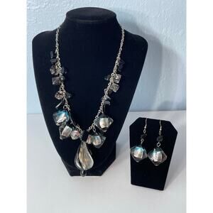 Vintage Black Clear Art Glass Rose Beaded Statement Necklace Earring Set